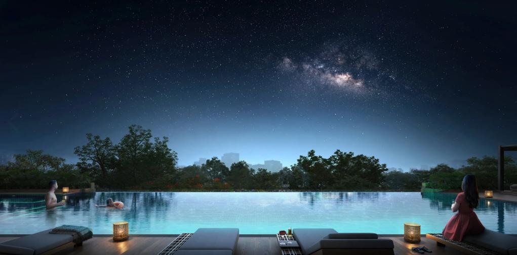 Vinayak 21 Acres infinity pool at night